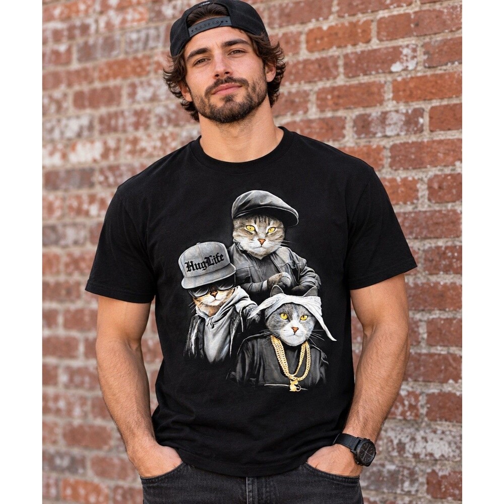 Hip Hop Trio Hug Life Gangster Cats DOM Shirt Small Black Streetwear Unisex Tee